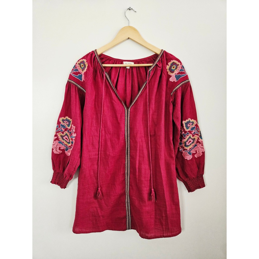 Velzera Embroidered Tunic Blouse Women Small Maroon Excellent Boho Floral Cotton